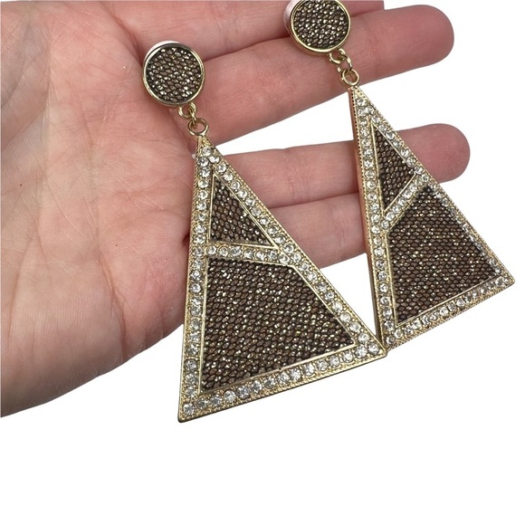 Gold Glitter Black Mesh Rhinestone Triangle Shaped Drop Pierced Earrings - Picture 3 of 8